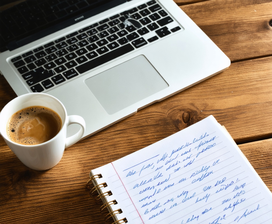 Detailný záber na drevený stôl s notebookom a poznámkovým blokom s obchodnými plánmi