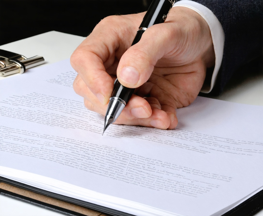 Zblízka ruka podpisujúca formálny právny dokument kvalitným perom