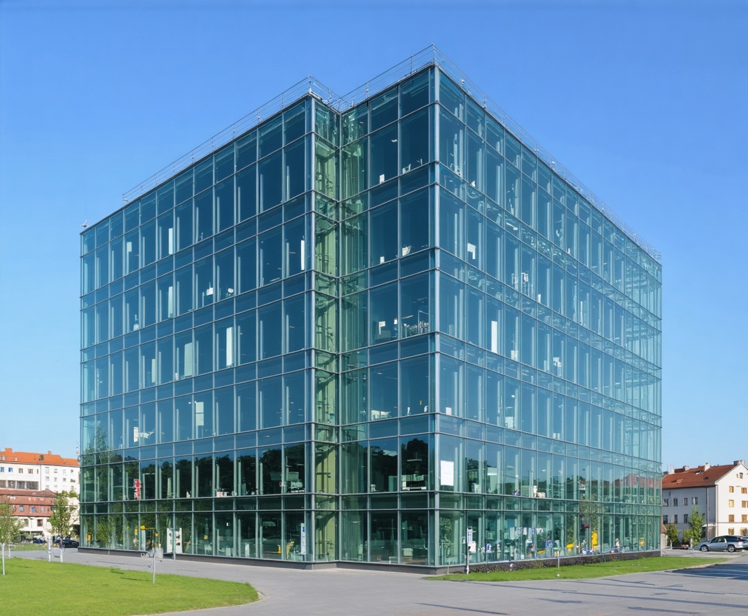 Exteriér modernej sklenenej kancelárskej budovy v štvrti Mlynské Nivy v Bratislave