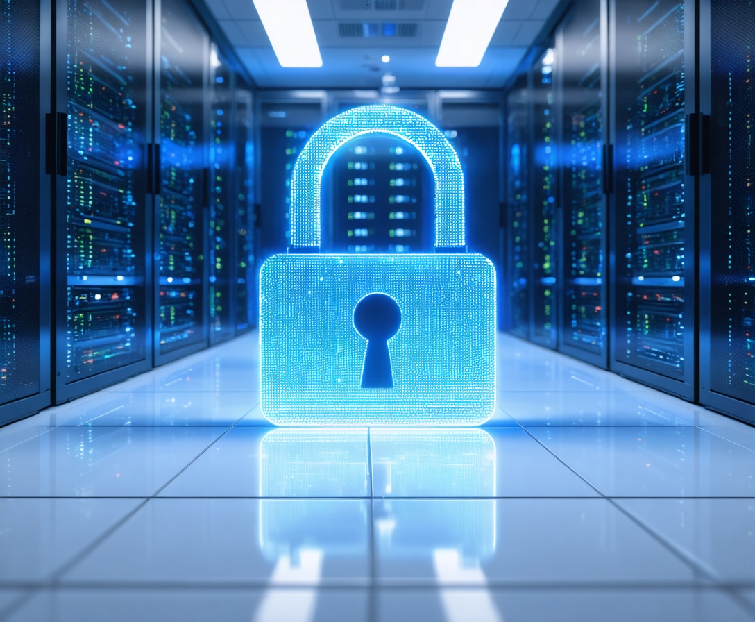 Konceptuálny obraz digitálnej zámky prekrytý na rozmazanom obrázku bezpečného servera